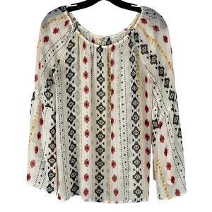 Yahada Bohemian-style Sheer Geometric Tribal Bell Sleeve Blouse Medium